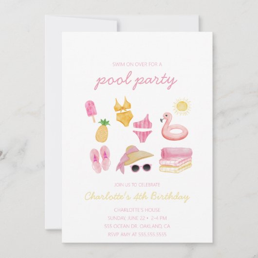 Zwembad Roze Zomer Instant Download Party Kaart (Voorkant)