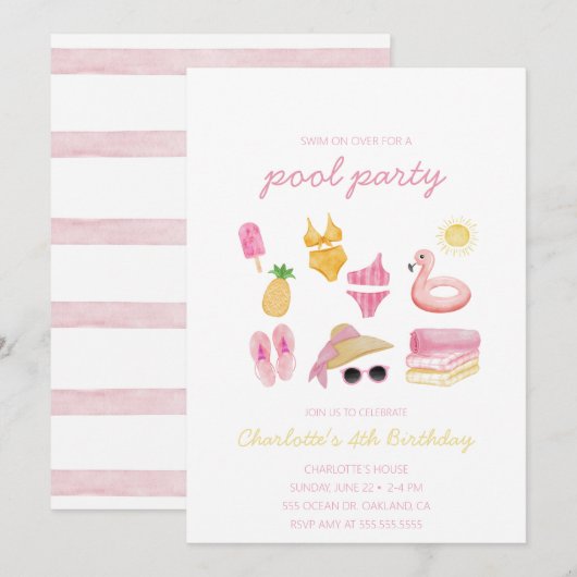 Zwembad Roze Zomer Instant Download Party Kaart (Voorkant / Achterkant)