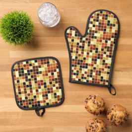 Zwembad Tegels, Bruine Mozaïek Tegels, Geometrisch Ovenwant & Pannenlap Set