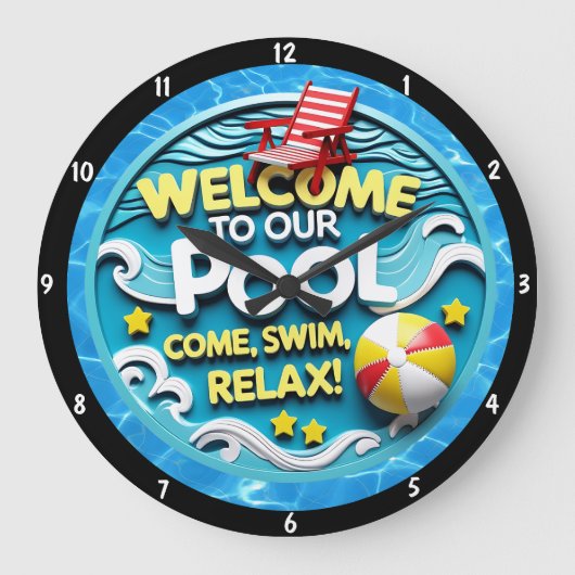Zwembad-thema met ontspannende uitnodiging levendi grote klok (Voorkant)