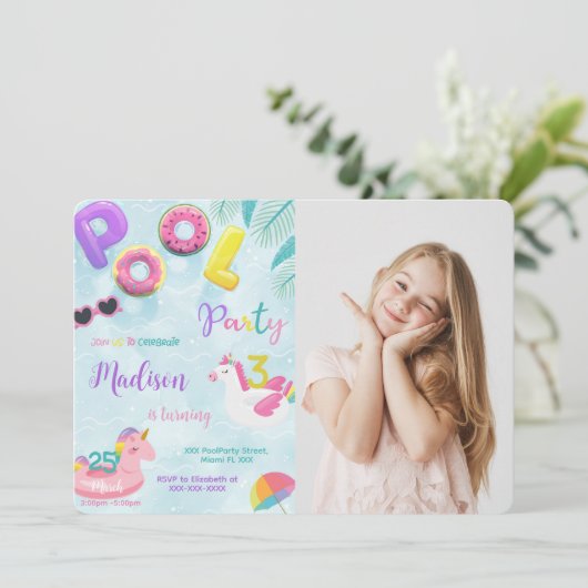 Zwembad Verjaardag uitnodiging, foto uitnodiging (Staand voorkant)