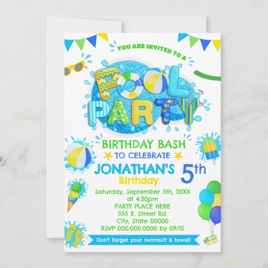 Zwembad Verjaardagsfeest Blauw Groen Geel Kaart (Voorkant)