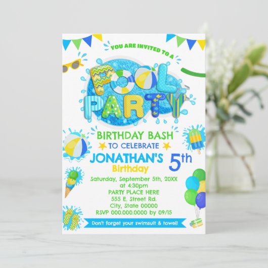 Zwembad Verjaardagsfeest Blauw Groen Geel Kaart (Staand voorkant)