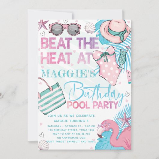 Zwembad Verjaardagsfeest Schattige Roze Turquoise  Kaart (Voorkant)