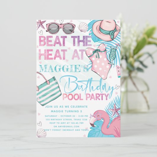 Zwembad Verjaardagsfeest Schattige Roze Turquoise  Kaart (Staand voorkant)