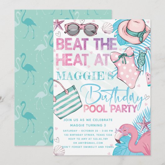 Zwembad Verjaardagsfeest Schattige Roze Turquoise  Kaart (Voorkant / Achterkant)