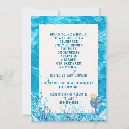 Zwembad Verjaardagsfeest Uitnodigen Kaart (Achterkant)