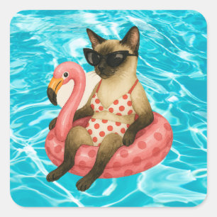 Zwembad verjaardagsfeest voor kattenliefhebbers vierkante sticker