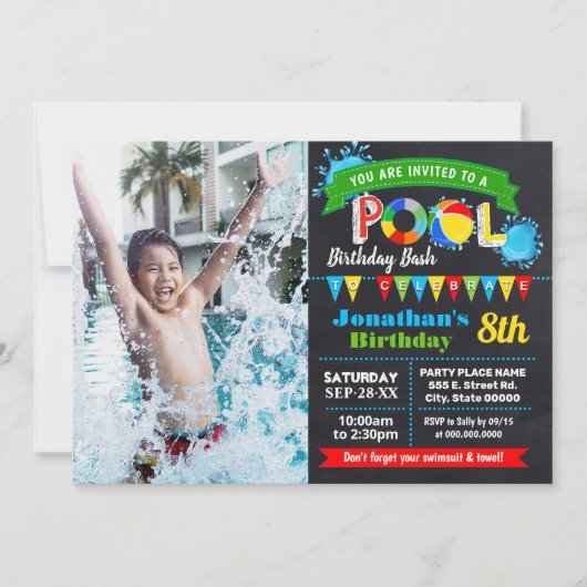 Zwembad verjaardagsfeest zomer bash krijtbord foto kaart (Voorkant)