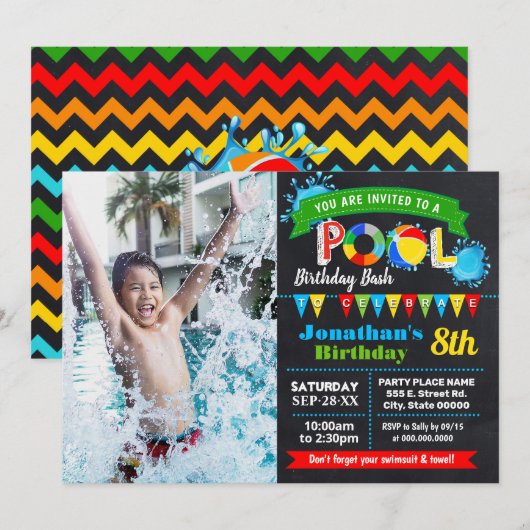 Zwembad verjaardagsfeest zomer bash krijtbord foto kaart (Voorkant / Achterkant)