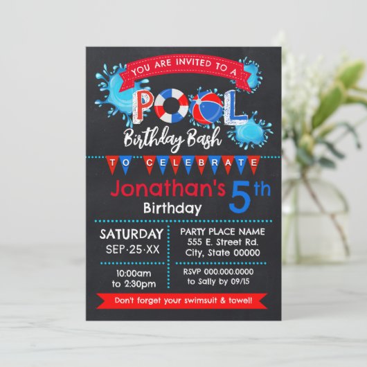 Zwembad Verjaardagsfeestje Bash Rood Wit Blauw Kaart (Staand voorkant)