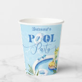 Zwembad verjaardagsfeestje blauw zwemmen papieren bekers (Achterkant)