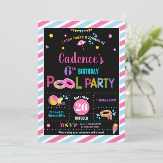 Zwembad Verjaardagsfeestje Meisje Kaart (Staand voorkant)