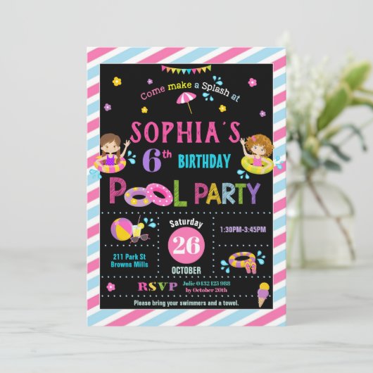 Zwembad Verjaardagsfeestje Meisje Zomer Strandzwem Kaart (Staand voorkant)