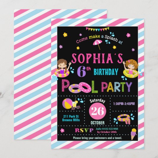 Zwembad Verjaardagsfeestje Meisje Zomer Strandzwem Kaart (Voorkant / Achterkant)