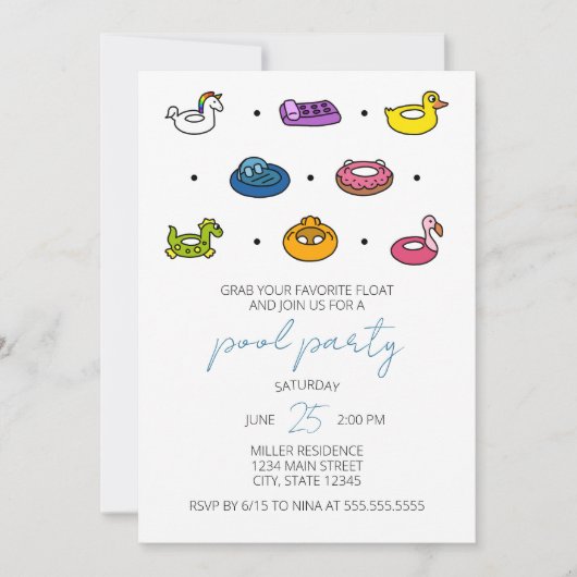 Zwembad Vlotten Iconen Zwembadfeest Uitnodiging (Voorkant)