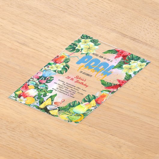 Zwembad zomer drinken verjaardagsfeestje acryl uitnodigingen (Laagn)