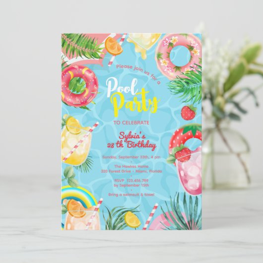 Zwembad zomer drinken verjaardagsfeestje kaart (Staand voorkant)