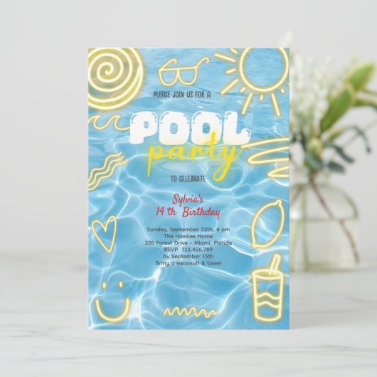 Zwembad zomer neon vibes verjaardagsfeestje kaart (Staand voorkant)