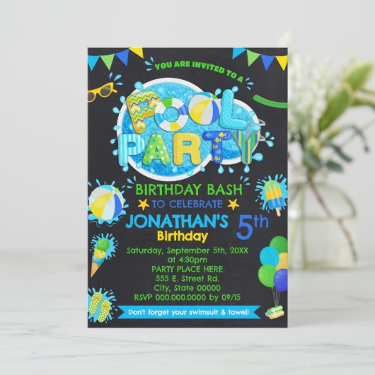 Zwembad Zomer Verjaardag Bash Blauw Groen Geel Fee Kaart (Staand voorkant)