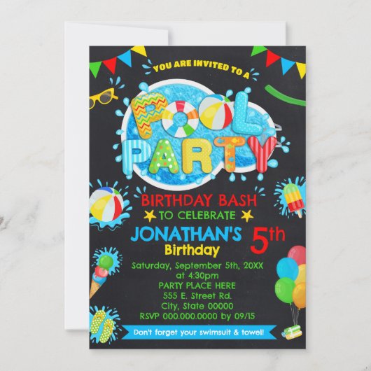 Zwembad Zomer Verjaardag Bash Primaire Kleuren Par Kaart (Voorkant)