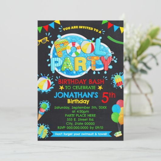 Zwembad Zomer Verjaardag Bash Primaire Kleuren Par Kaart (Staand voorkant)
