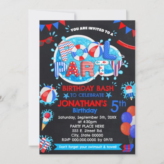 Zwembad Zomer Verjaardag Bash Rood Wit Blauw Party Kaart (Voorkant)