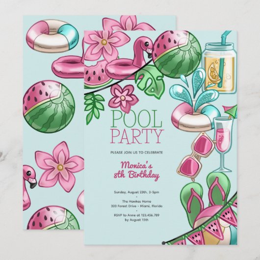 Zwembad zomerfeest verjaardag kaart (Voorkant / Achterkant)