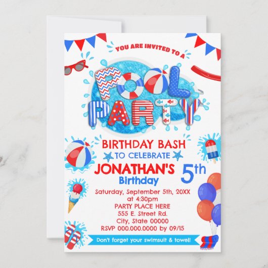 Zwembad Zomerverjaardagsfeestje Rood Wit Blauw Kaart (Voorkant)