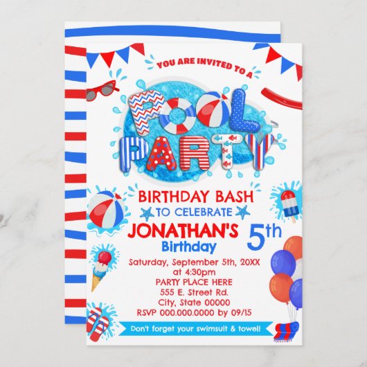 Zwembad Zomerverjaardagsfeestje Rood Wit Blauw Kaart (Voorkant / Achterkant)