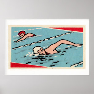 Zwembad Zwemmers Blauw Rood Wit Vintage Luciferdoo Poster