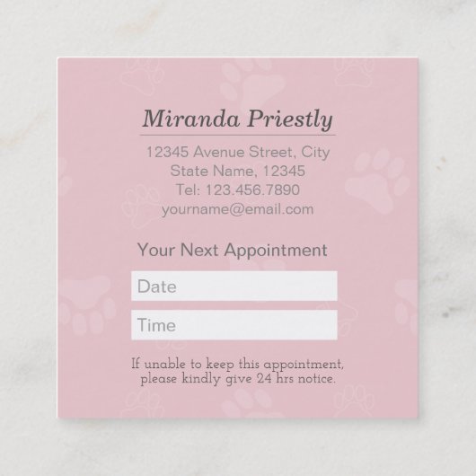 Zwembaden voor gezelschapsdieren en verzorgingssal afsprakenkaartje (Achterkant)