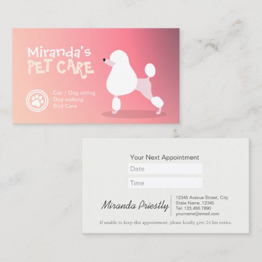 Zwembaden voor gezelschapsdieren en verzorgingssal afsprakenkaartje (Voorkant / Achterkant)