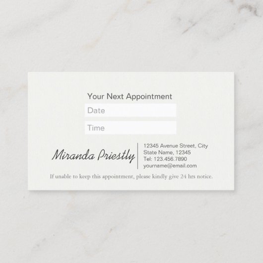 Zwembaden voor gezelschapsdieren en verzorgingssal afsprakenkaartje (Achterkant)