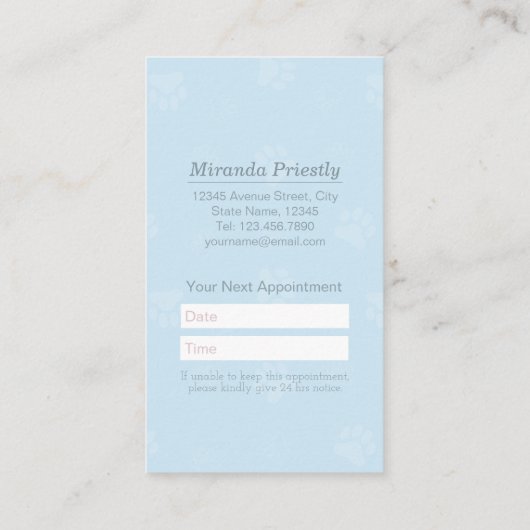 Zwembaden voor gezelschapsdieren en verzorgingssal afsprakenkaartje (Achterkant)