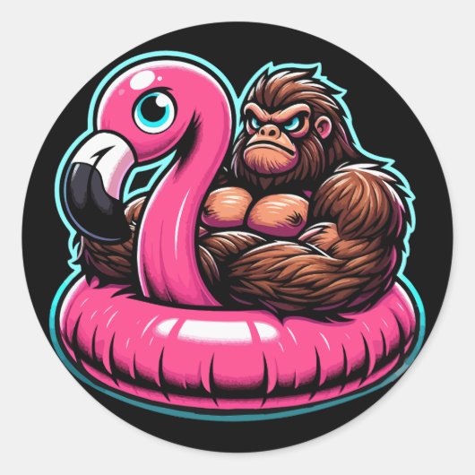 Zwembadfeest Bigfoot Flamingo Ronde Sticker (Voorkant)