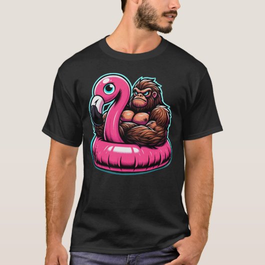 Zwembadfeest Bigfoot Flamingo T-shirt (Voorkant)