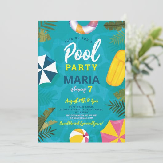 Zwembadfeest Drijvers Zomer Verjaardagsfeest Uitno Kaart (Staand voorkant)