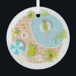 Zwembadfeest meisje in bikini zomerstrand glas ornament<br><div class="desc">De tropische zomer met een meisje in een zwembad</div>