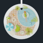 Zwembadfeest meisje in bikini zomerstrand glas ornament<br><div class="desc">De tropische zomer met een meisje in een zwembad</div>