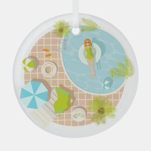 Zwembadfeest meisje in bikini zomerstrand glas ornament