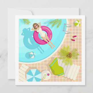 Zwembadfeest meisje in bikini zomerstrand kaart