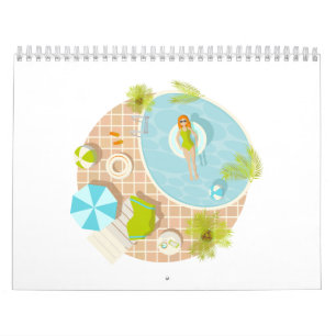 Zwembadfeest meisje in bikini zomerstrand kalender