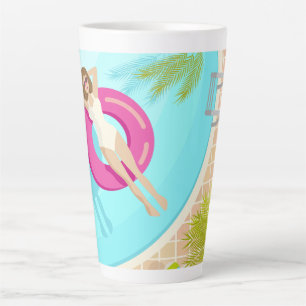 Zwembadfeest meisje in bikini zomerstrand latte mok