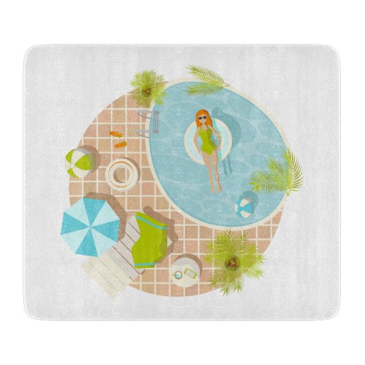 Zwembadfeest meisje in bikini zomerstrand snijplank (Voorkant)