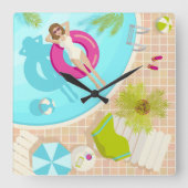 Zwembadfeest meisje in bikini zomerstrand vierkante klok (Voorkant)