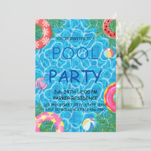 Zwembadfeest met kleurrijke strandballen en zwemba kaart (Staand voorkant)