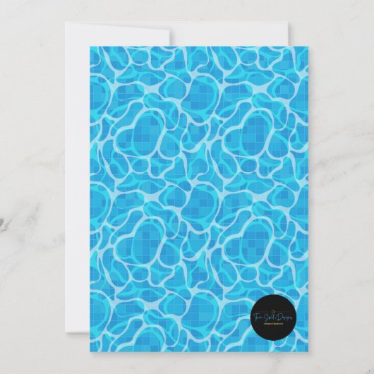 Zwembadfeest met kleurrijke strandballen en zwemba kaart (Achterkant)