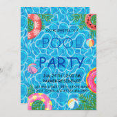Zwembadfeest met kleurrijke strandballen en zwemba kaart (Voorkant / Achterkant)