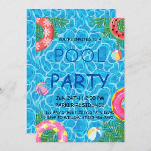 Zwembadfeest met kleurrijke strandballen en zwemba kaart (Voorkant / Achterkant)